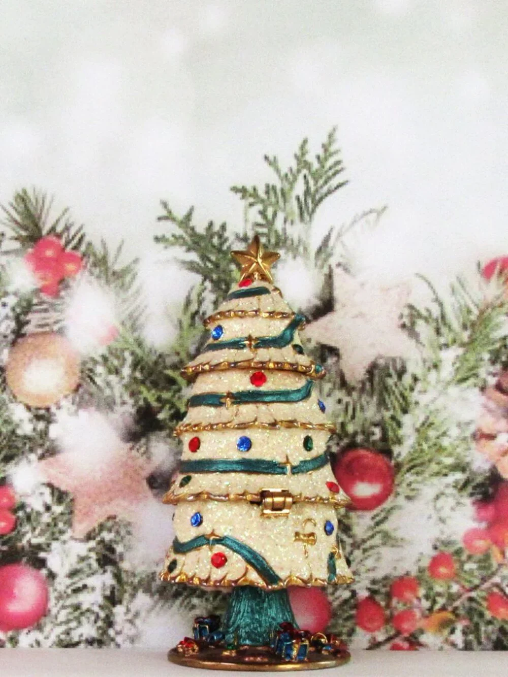 Ceramic Christmas Tree ring box  with rhinestones and glitter - gift box